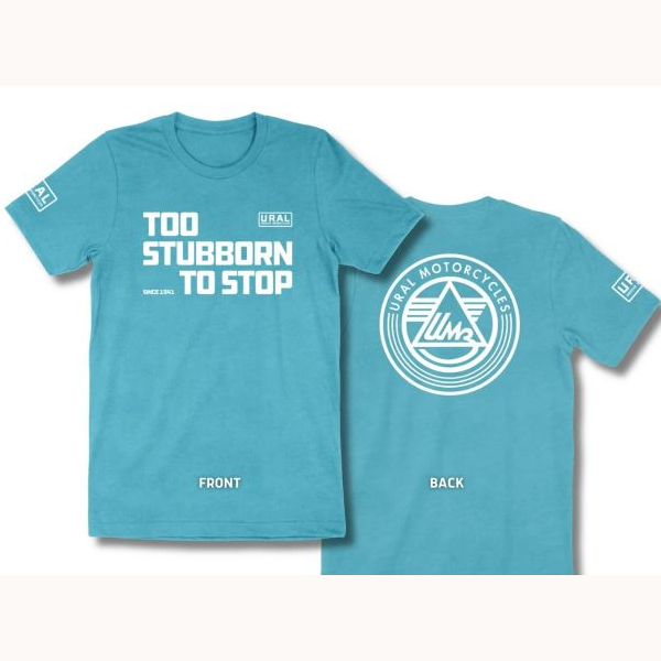 T-shirt Ural "Too Suborn to stop" Bleu battleship séléction quote, vetement/life style par Ural via Moto Side Aventure (concessionnaire side car Ural)