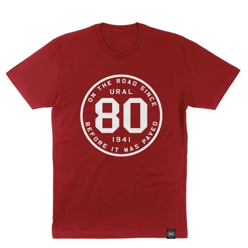 T-Shirt Ural 80ème Anniversaire rouge, 100% coton, vetement/lifestyle par Ural via Moto Side Aventure (concessionnaire side car Ural)