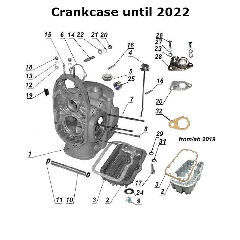Diagram of the crankcase until 2022, original Ural Motorcycles spare part for sidecar from Moto Side Aventure (Ural sidecar dealer)