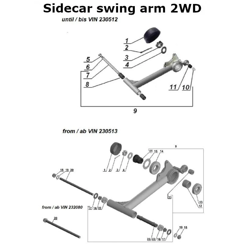Diagram of the sidecar swing arm 2WD, original Ural Motorcycles spare part for sidecar via Moto Side Aventure (Ural sidecar dealer)