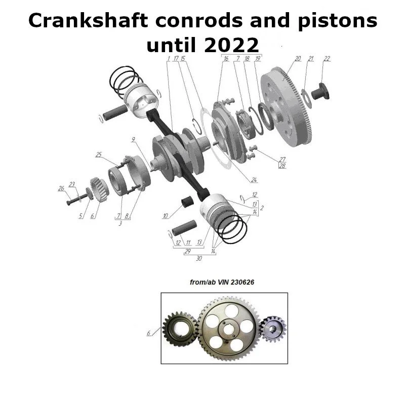 Diagram of the crankshaft, conrods and pistons until 2022, original Ural Motorcycles spare part for sidecar from Moto Side Aventure (Ural sidecar dealer)