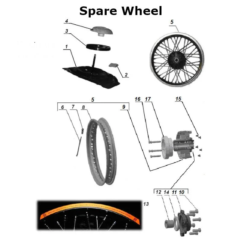 Diagram of the spare wheel, original Ural Motorcycles spare part for sidecar via Moto Side Aventure (Ural sidecar dealer)