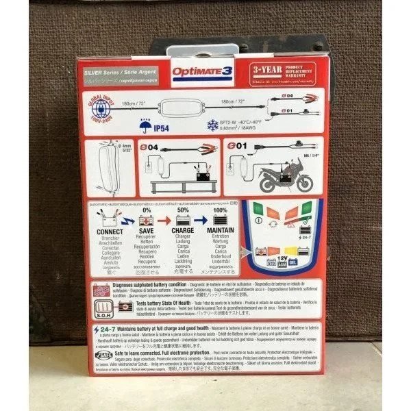 El cargador de batería Optimate 3 (12 V, 0,8 A) es un accesorio para los sidecares Ural disponible a través de Moto Side Aventure, concesionario de sidecares Ural