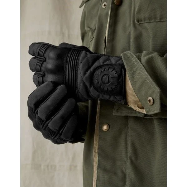 Belstaff Hampstead green/black mid-season waxed leather/cotton gloves, perfect for adventures on a Ural sidecar.