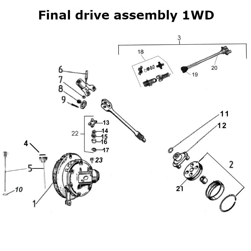 Diagram of the final drive assembly 1WD, original Ural carburetor sidecar models, via Moto Side Aventure, Ural sidecar dealer