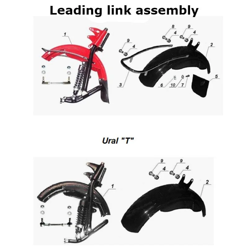 Diagram of the leading link assy, original Ural Motorcycles spare part for sidecar via Moto Side Aventure (Ural sidecar dealer)