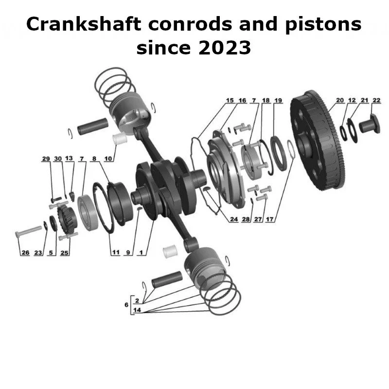 Diagram of the crankshaft, conrods and pistons since 2023, original Ural Motorcycles spare part for sidecar from Moto Side Aventure (Ural sidecar dealer)