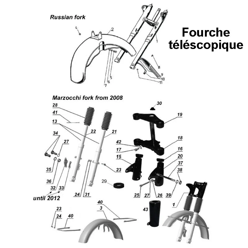 Fourche télescopique pour les side-cars Ural Motorcycles équipés d'un moteur à carburateur.