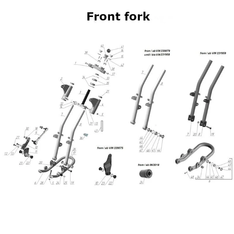 Diagram of the front fork, original Ural Motorcycles spare part for sidecar via Moto Side Aventure (Ural sidecar dealer)