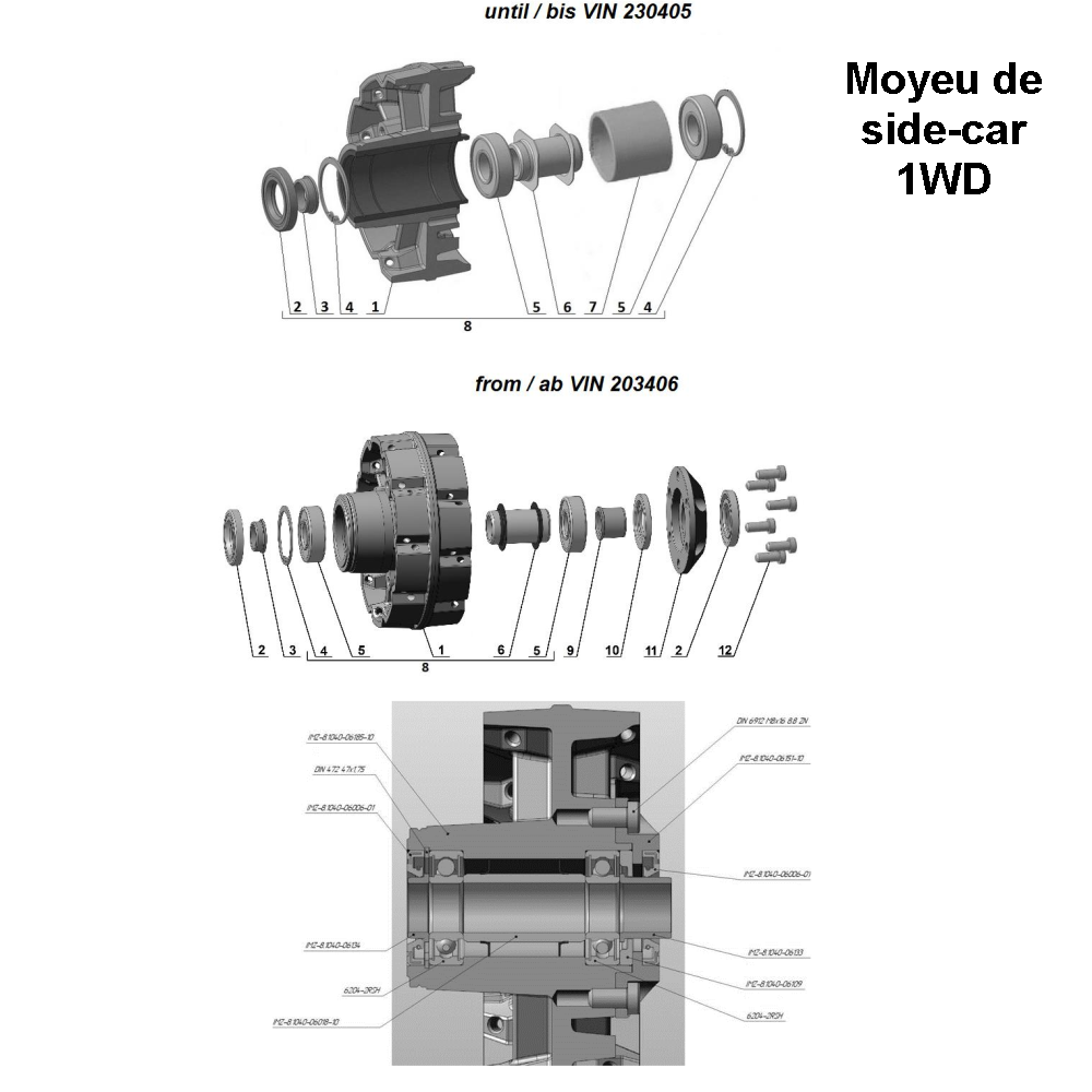 Moyeu de la roue de side-car 1WD pour les side-cars Ural Motorcycles équipés d'un moteur à injection EFI.