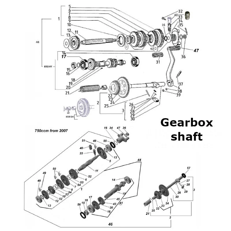 Diagram of the gearbox shaft, original Ural carburetor sidecar models, via Moto Side Aventure, Ural sidecar dealer
