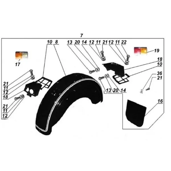 N°7 Garde-boue de side-car complet, noir pour side-car avec garde-boue (pièce carbu)