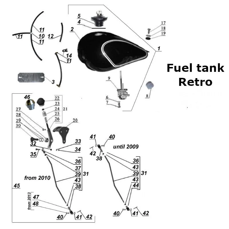 Diagram of the fuel tank Retro, original Ural carburetor sidecar models, via Moto Side Aventure, Ural sidecar dealer