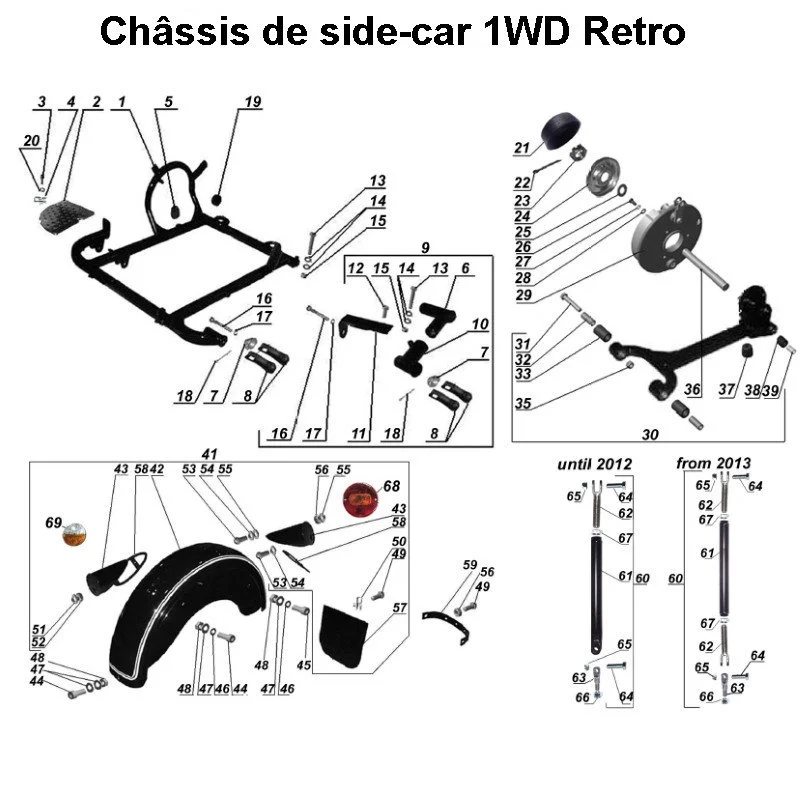 Châssis de side-car 1WD Retro pour les side-cars Ural équipés d'un moteur à carburateur.
