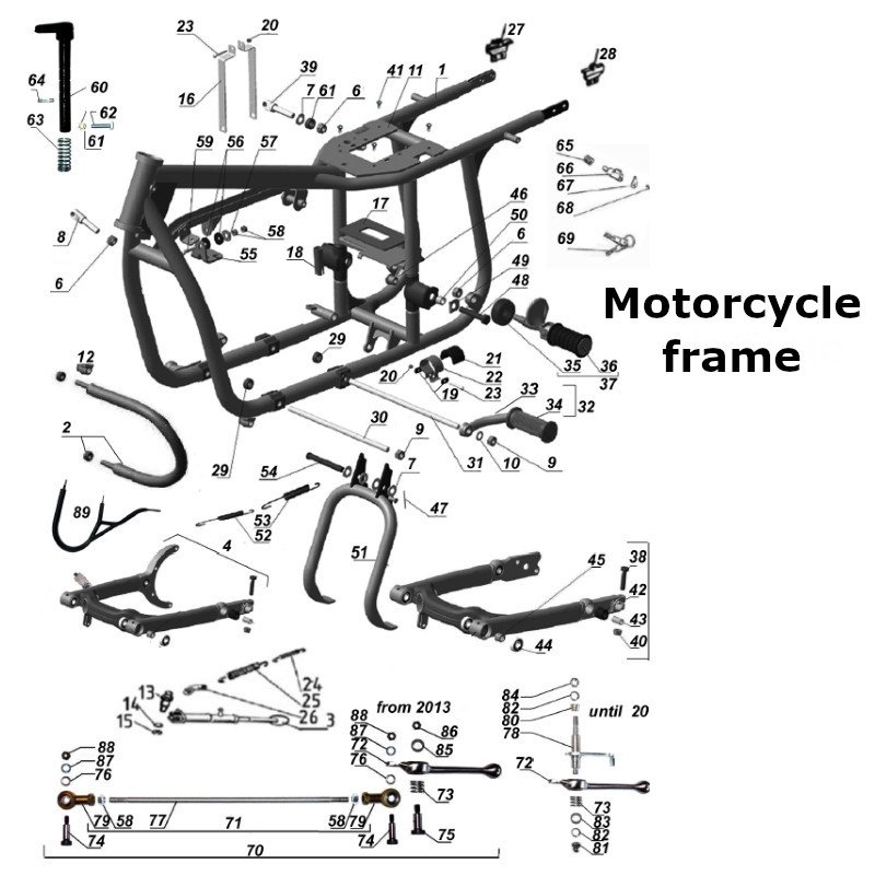Motorcycle frame for Ural sidecars with carburetor engine.
