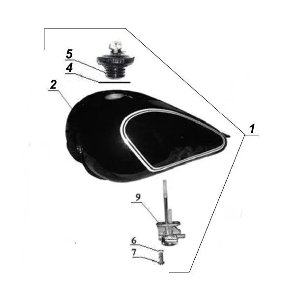 N°1 Réservoir d'essence Retro complet avec robinet à vide (pièce carbu)