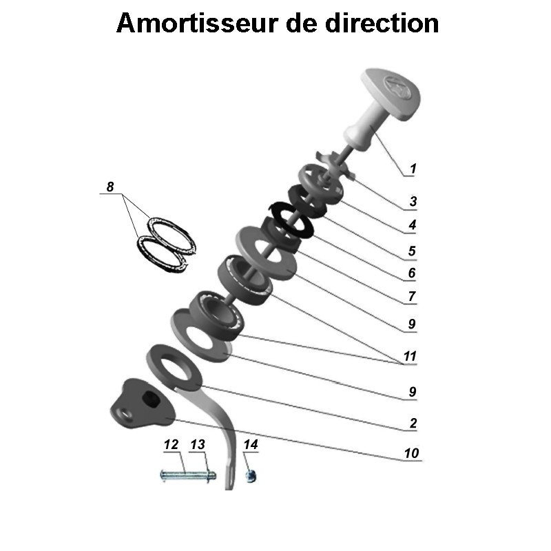 Schéma de l'amortisseur de direction pour modèles de side-cars Ural carburateur, via Moto Side Aventure concessionnaire side car Ural