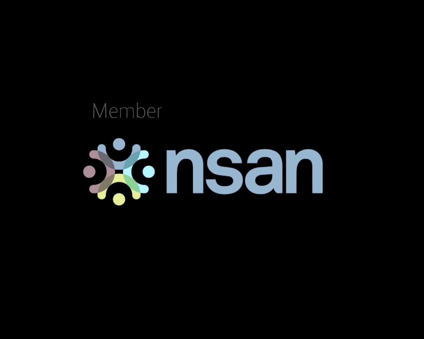A black background with a colorful logo and text saying 'Member nSan'. The logo features abstract human figures in pastel colors forming a circular pattern around a central point.