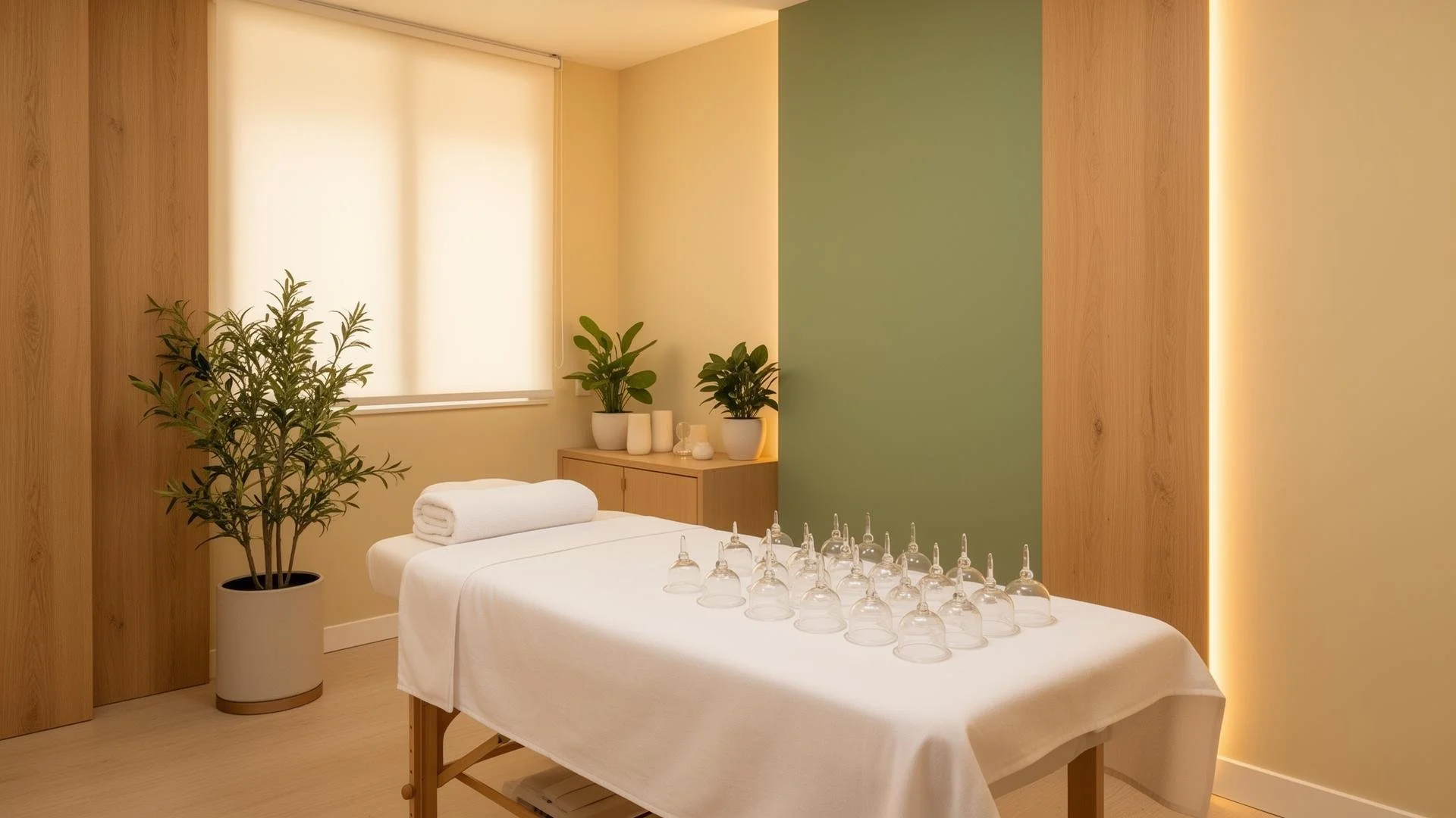 A massage room with a massage table covered in white sheets, a rolled towel at the head, and glass cups arranged on the table. There are potted plants and a wooden cabinet against a green accent wall near a window with a blind, and soft lighting.