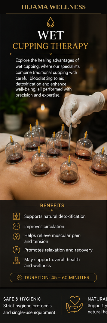 A promotional graphic for wet cupping therapy by Hijama Wellness. The image shows a therapist applying cups to a person's back, with a hand holding a tool to create suction in the cups. The graphic highlights the benefits of the therapy, including de
