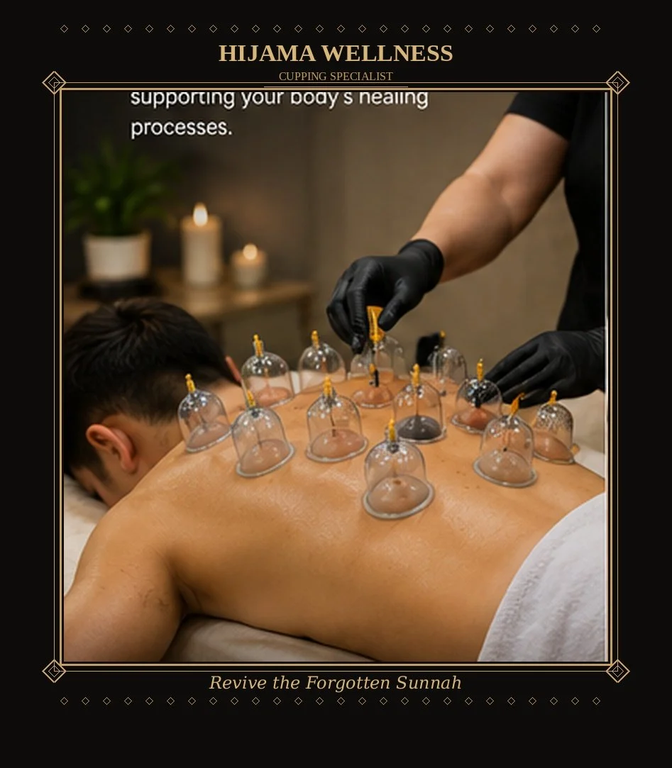 A person receives cupping therapy on their back, with multiple glass cups placed on the skin, in a wellness setting. A practitioner wearing black gloves is performing the procedure.