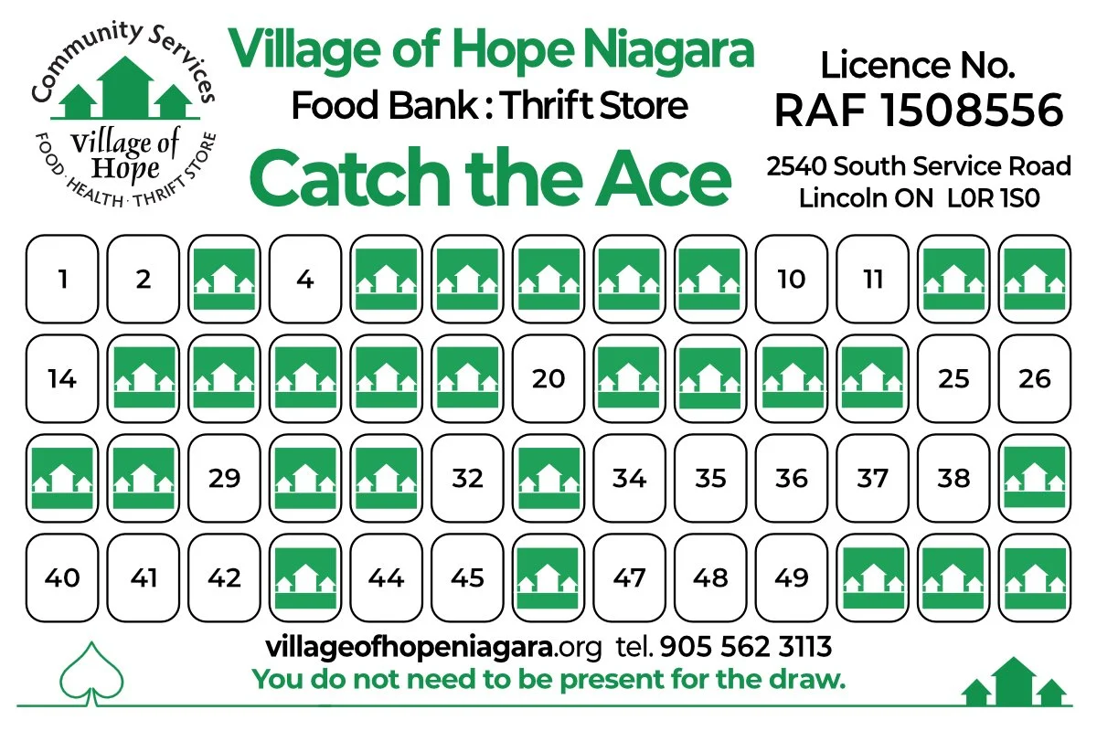 A charity bingo board for the Village of Hope Niagara food bank and thrift store, featuring numbered squares with some marked with green house icons indicating purchased or called numbers, and the charity's logo and contact information at the top.
