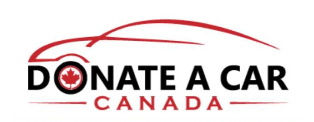 Graphic promoting car donations in Canada, featuring a stylized red car outline, a red maple leaf inside the letter O, and the text 'Donate a Car Canada' in bold black and red letters.