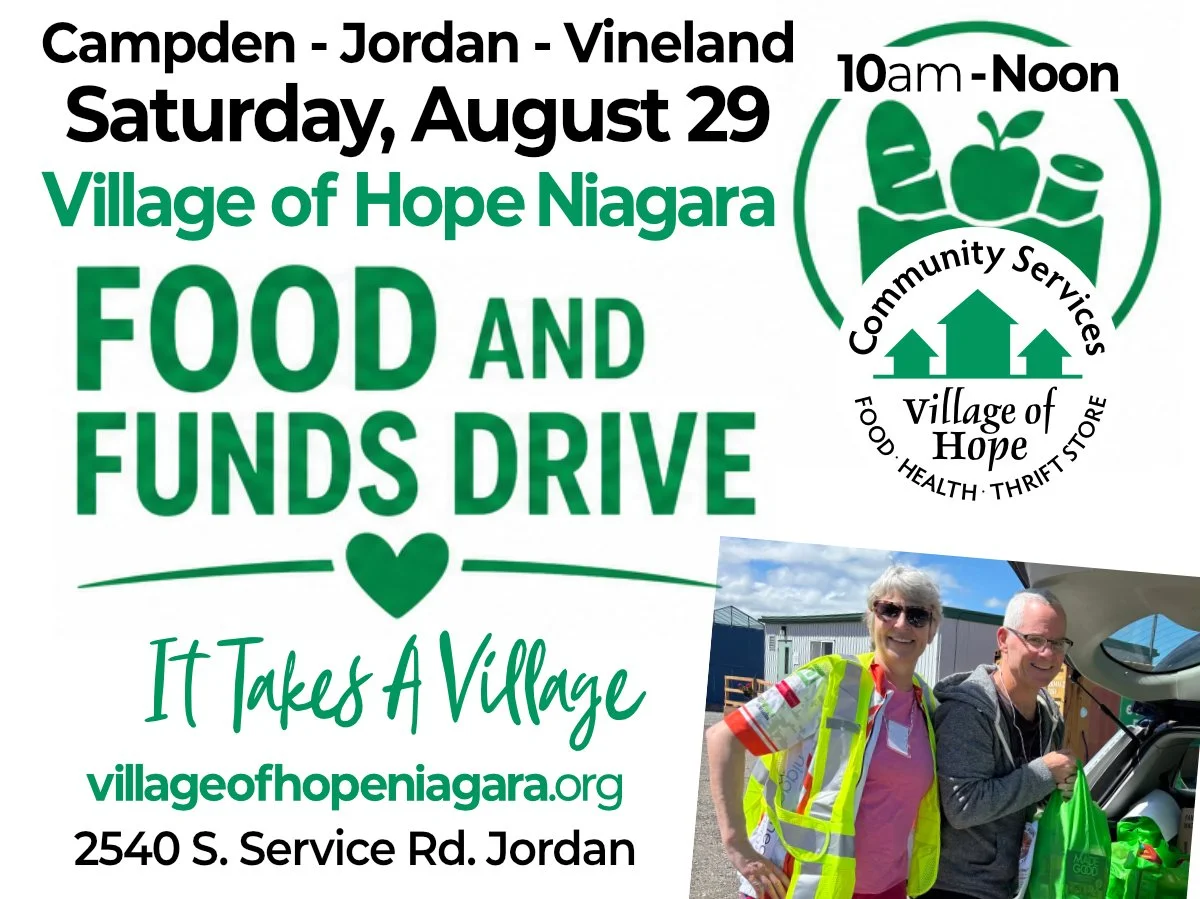 Flyer for a food and funds drive event organized by Village of Hope Niagara on Saturday, August 29, from 10 am to noon at 2540 S. Service Rd. Jordan. The flyer features the event date, location, a logo with a hand holding an apple and vegetables, and a photo of two smiling people, one woman and one man, unloading donations from a vehicle.