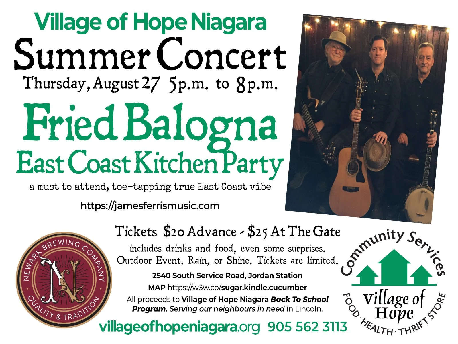 A poster advertising the Village of Hope Niagara Summer Concert featuring the band Fried Bologna. The concert is on Thursday, August 27, from 5 p.m. to 8 p.m. at 2540 South Service Road, Jordan Station. Tickets are $20 in advance and $25 at the gate, including drinks and food. The event includes outdoor music, rain or shine, with proceeds going to the Village of Hope Niagara Back To School Program.
