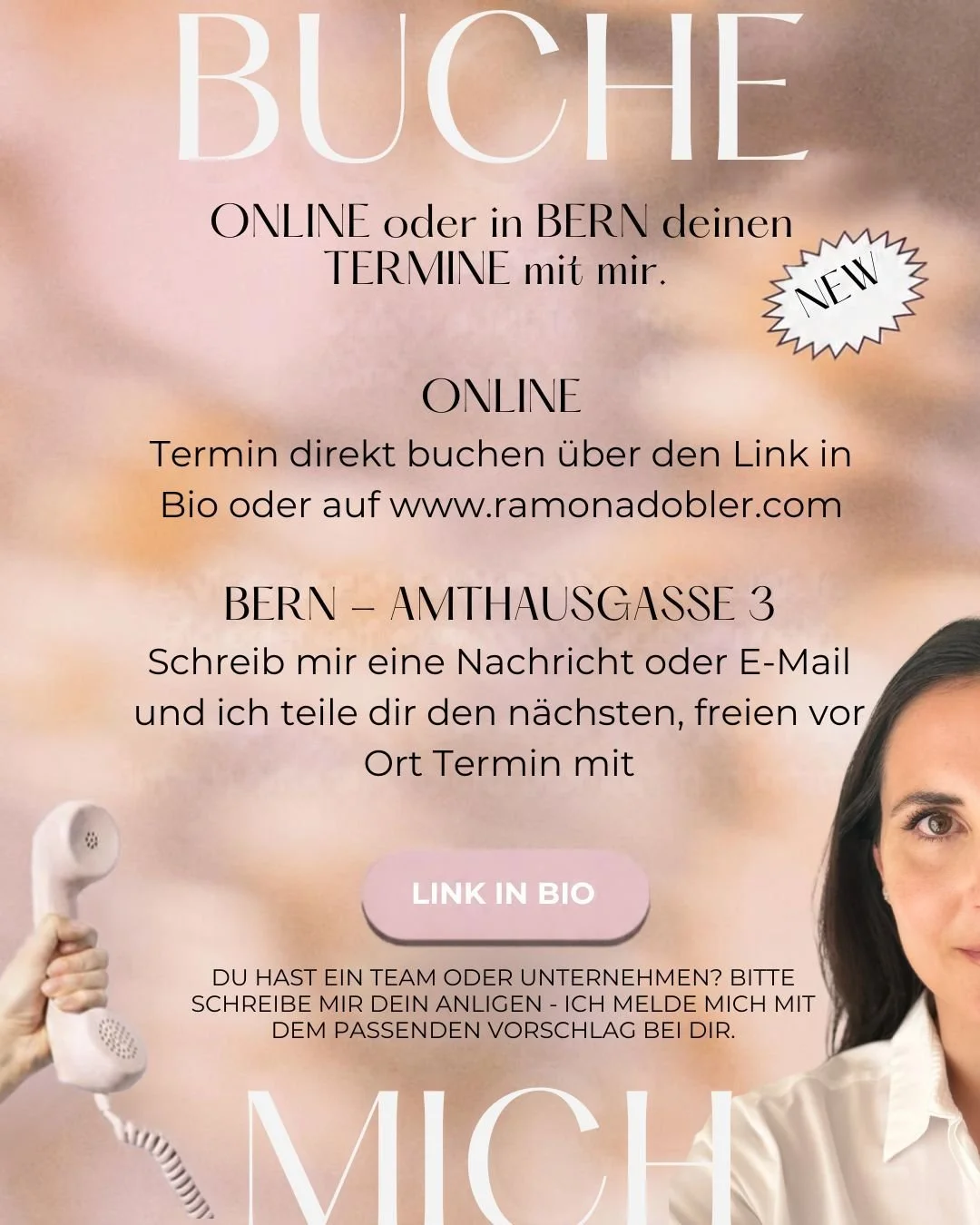Juhui, es gibt zwei Neuigkeiten! 

1 &ndash; Du kannst deinen Online-Termin jetzt ganz einfach selbst buchen und bekommst den Link zum Videocall direkt dazu: www.ramonadobler.com (Link in Bio)

2 &ndash; Und ich bin neu auch in Bern f&uuml;r dich da,