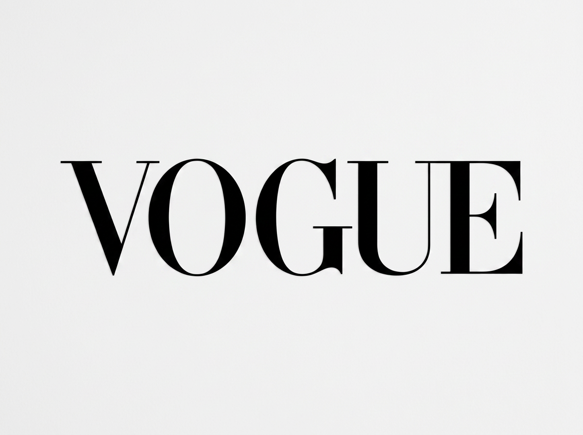 Schwarz-weißes Logo mit dem Wort "VOGUE" in großen Buchstaben.