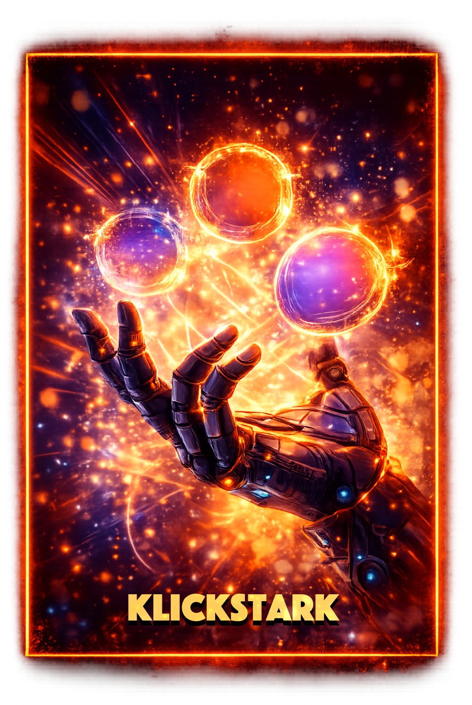 Futuristische Roboterhand, die leuchtende, energiegeladene Kugeln durch den Weltraum manipuliert, mit dem Titel 'Klickstark' am unteren Rand.
