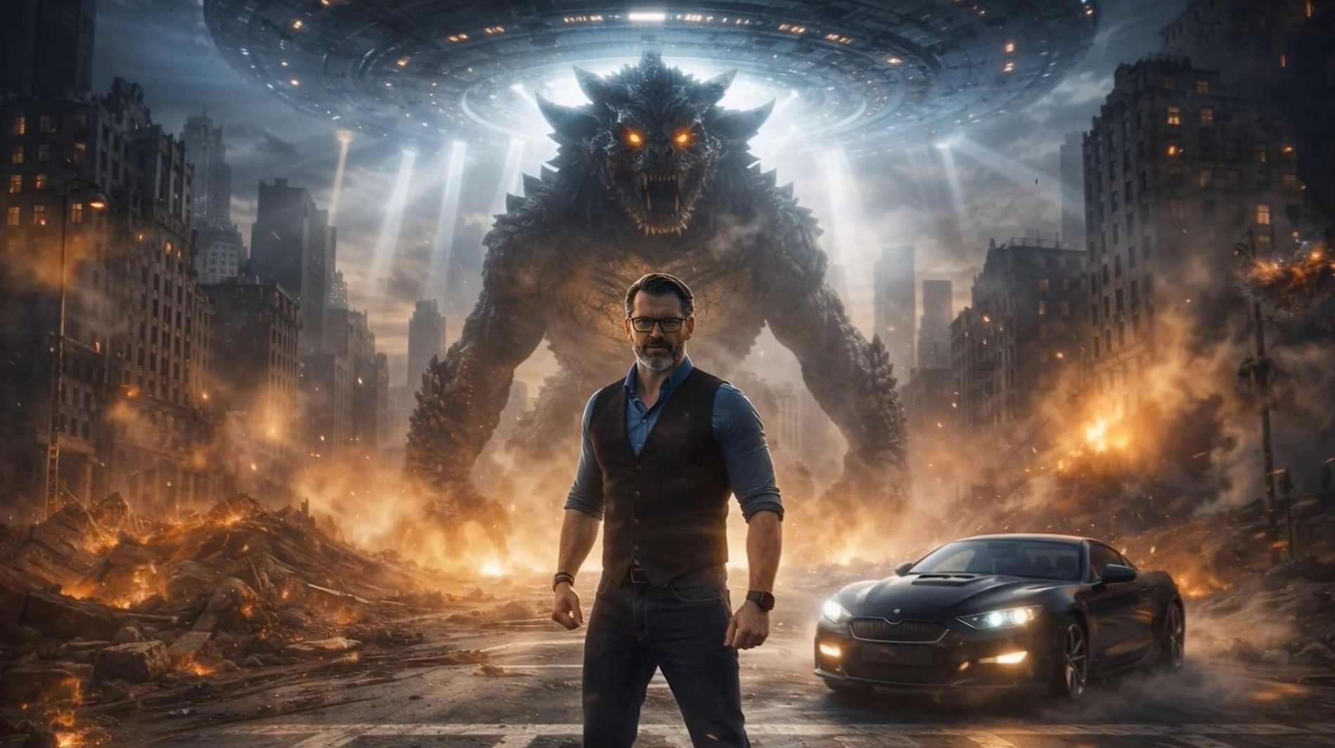 Ein Mann steht in einer zerstörten Stadt mit einem gigantischen feuerspeienden Monster im Hintergrund. Es gibt Rauch, Feuer und zerstörte Gebäude, eine schwarze Sportwagen steht auf der Straße.