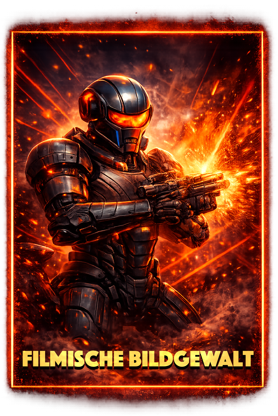 Ein futuristischer Soldat in schwarzer Rüstung mit gelb-oranger Brille, der eine Waffe hält, vor einer Explosion mit Feuer und Funken. Der Text 'Filmische Bildgewalt' ist am unteren Rand der Bild. Der Hintergrund ist dynamisch mit Feuer, Funken und Explosionen.
