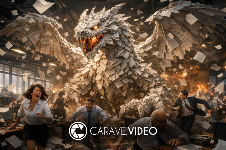 Ein riesiger Drache, bestehend aus umherfliegenden Papierseiten, terrorisiert ein Büro, während die Mitarbeiter in Panik fliehen.