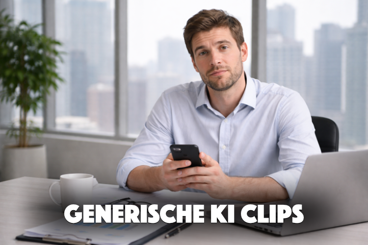 Ein Mann sitzt an einem Schreibtisch in einem modernen Büro mit großen Fenstern und Stadtblick, hält ein Smartphone in der Hand, daneben eine Tasse und Unterlagen, mit dem Text "Generische KI Clips" darunter.