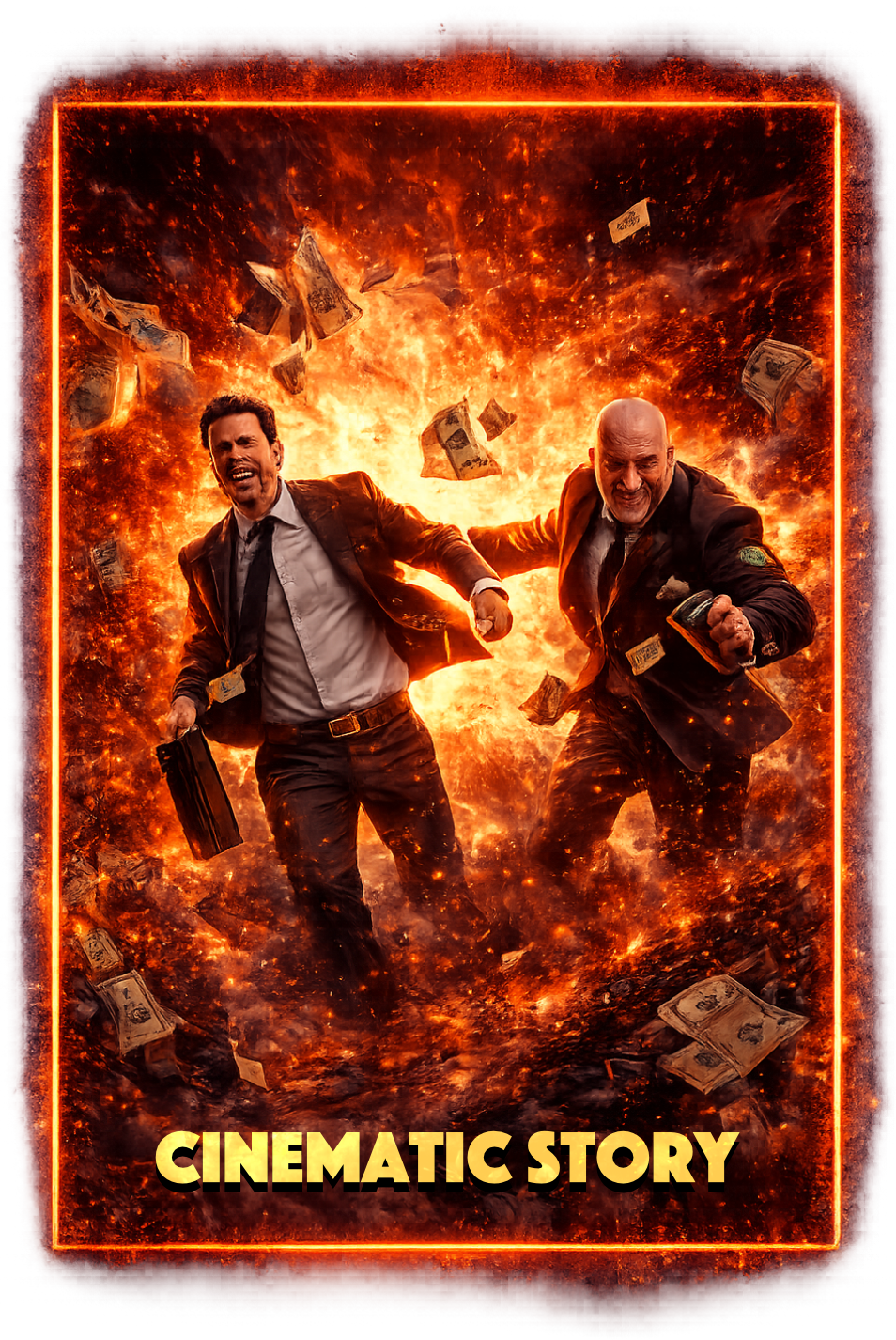 Zwei Männer rennen vor einer Feuerexplosion, während Geldscheine fliegen. Der Text lautet 'Cinematic Story'.