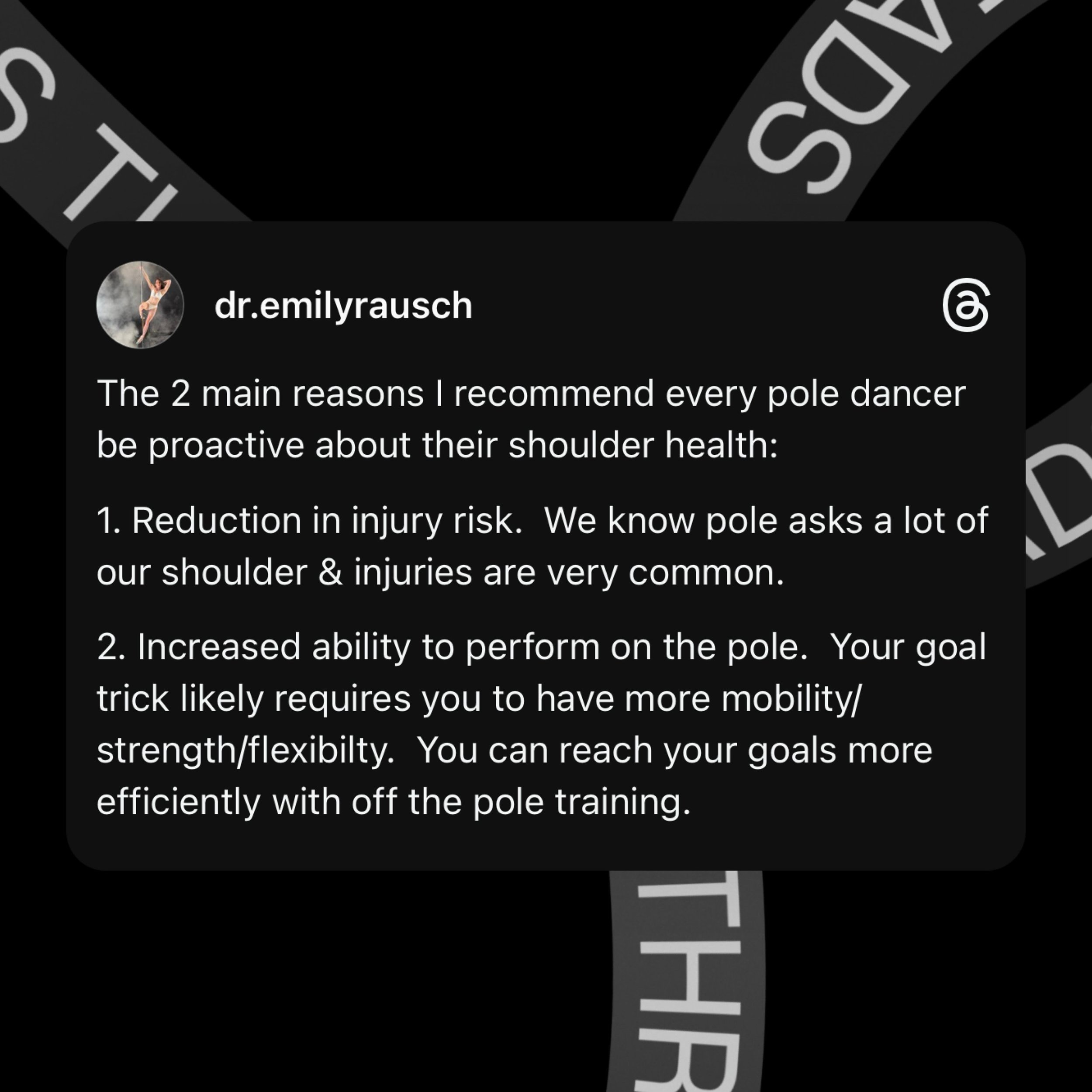 Meatsuit Maintenance/Prehab isn&rsquo;t sexy. 

It&rsquo;s not necessarily the most ✨fun✨ thing to spend your precious time doing. 

Most pole dancer would rather spend their time pole dancing. 

Shocking I know. 

✨If you want to be proactive about 
