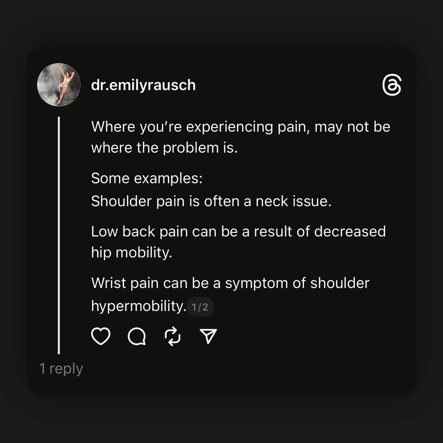 I can&rsquo;t tell you how many shoulder injuries from doing ballerina that I&rsquo;ve assessed only for the dancers mind to blown 🤯 that the problem is their lack of thoracic spine rotation. 

Injury rehab is not the most fun (I know) but spending 