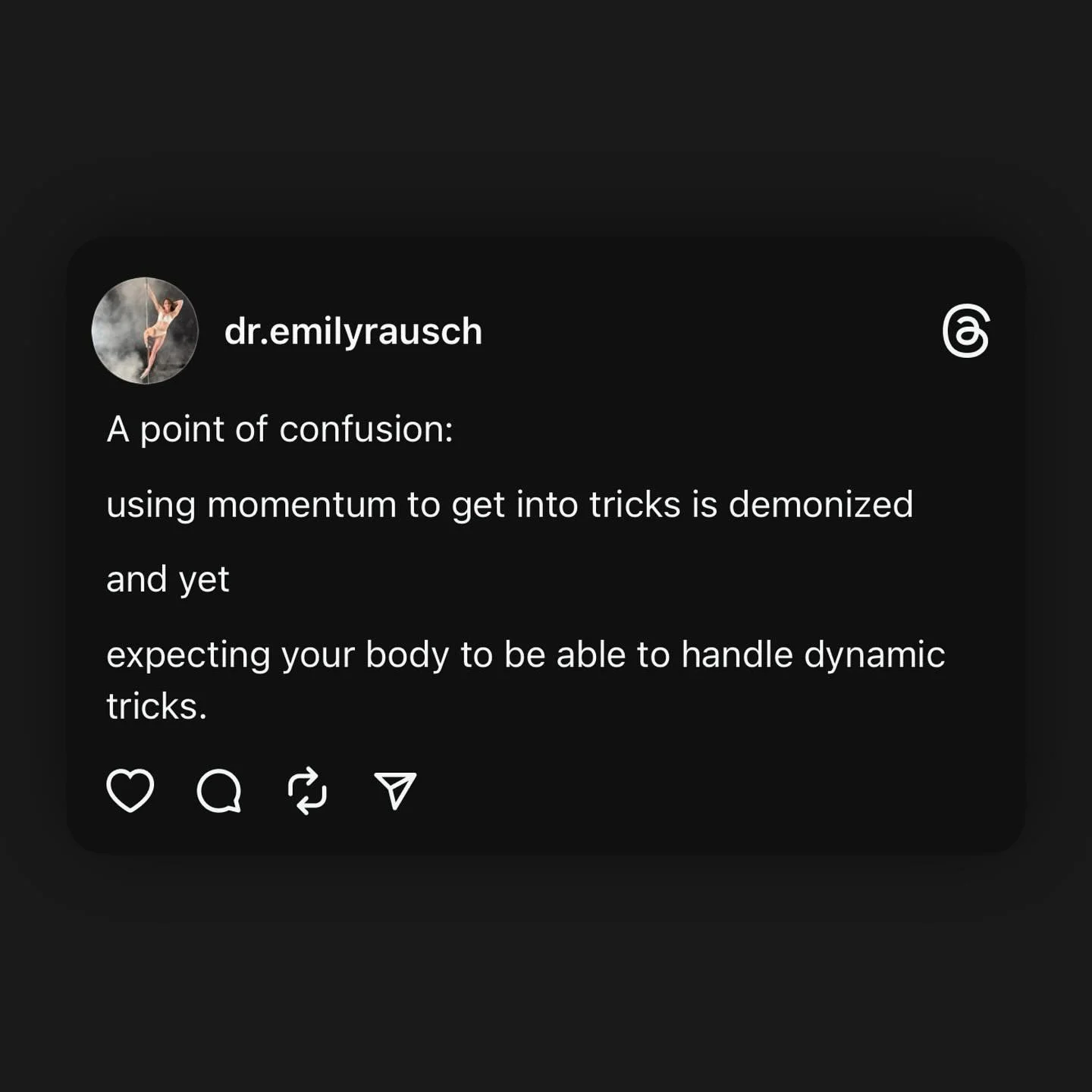 Potentially unpopular opinion: using momentum to get into tricks is not only ok but ✨needed✨ if you&rsquo;re going to expect your body to be able to do dynamic trick. 

➡️There&rsquo;s nothing inherently wrong with using momentum.

❌NO, I am not sayi