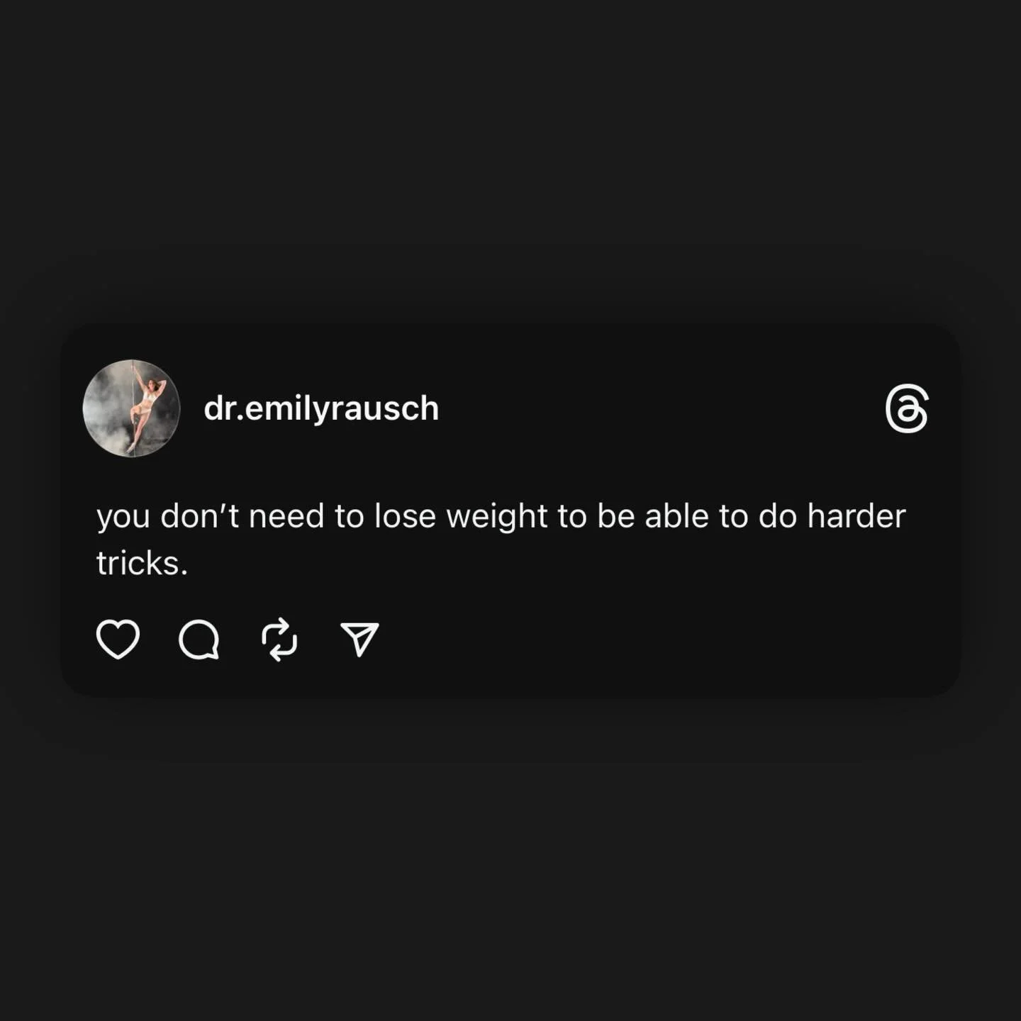 STOP believing the myth that by losing weight, you&rsquo;ll be able to achieve your goal tricks. 

Pole requires you to be STRONG enough to move your body weight around. 

So before you start counting calories and restricting yourself, let me ask you