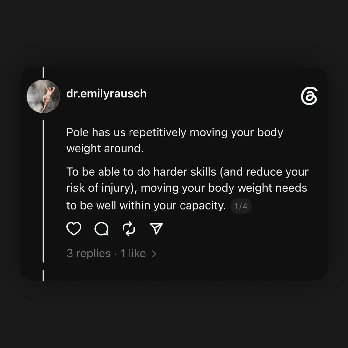 This was a topic of discussion in one of my workshops over the weekend. 

Pole dancing is a body weight form of movement. 

If you&rsquo;re not able to hold/lift your body weight in your arms, you&rsquo;re going to be held back from learning harder s