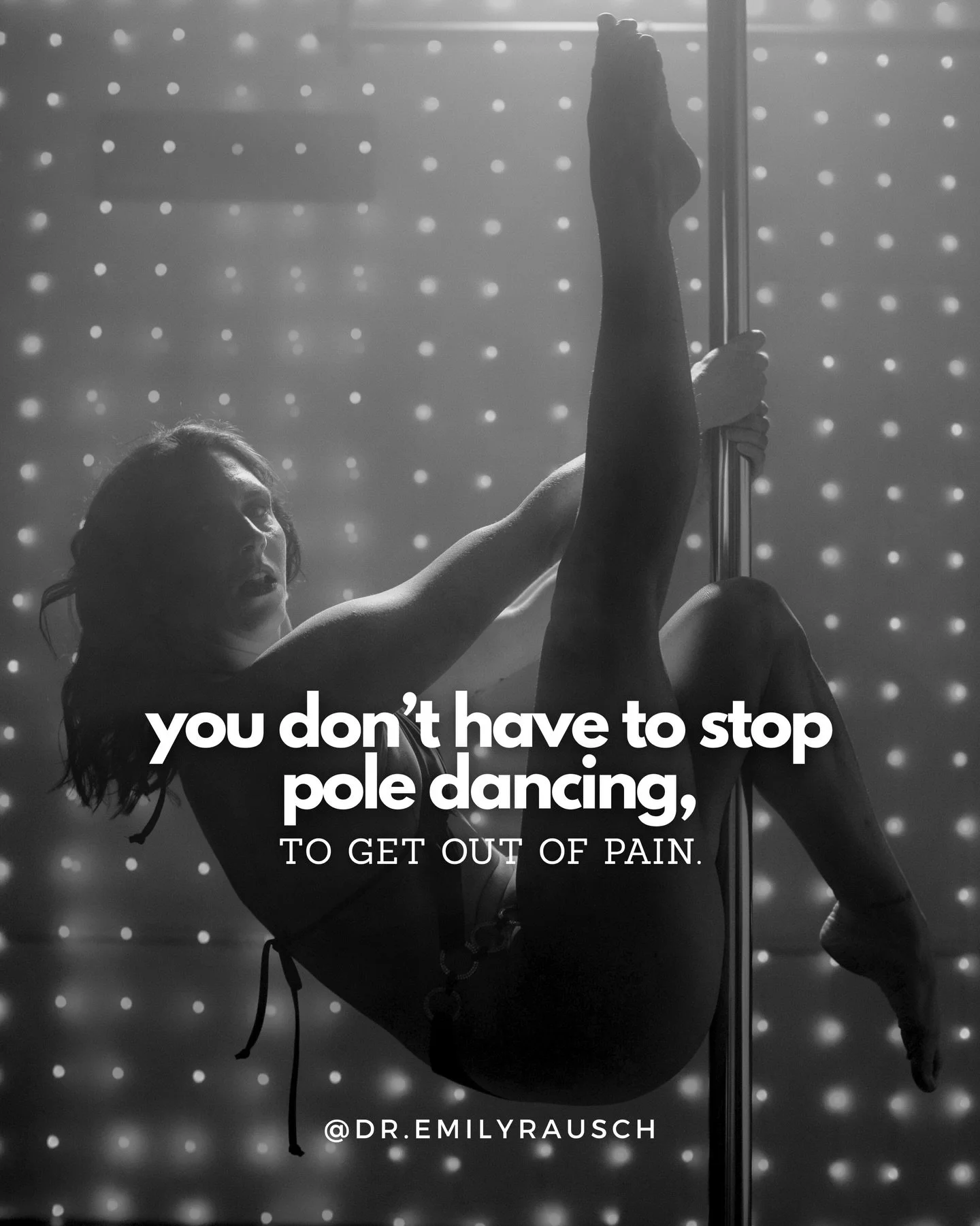 The fear of being told to stop pole dancing (or the reality in a lot of our cases) can keep you from seeking care from an injury.  
I want to ease that fear. 

There are ways to modify movements/positions/load into injured body parts to keep you on t