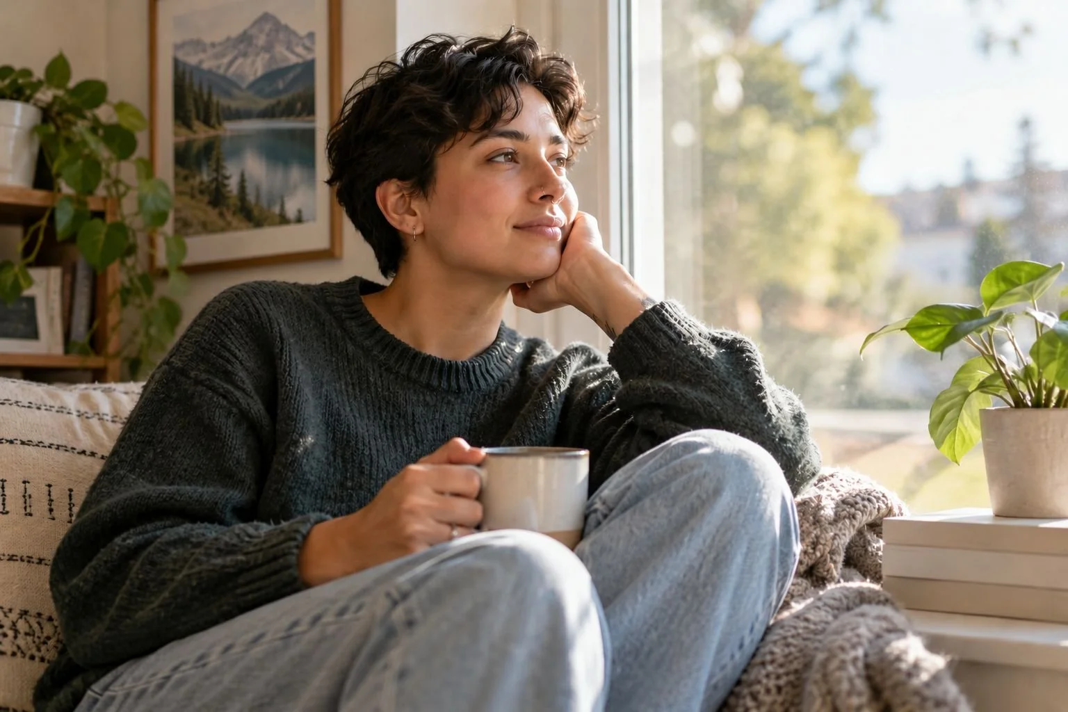 Young adult sitting by a sunny window in quiet reflection while exploring and understanding gender identity.