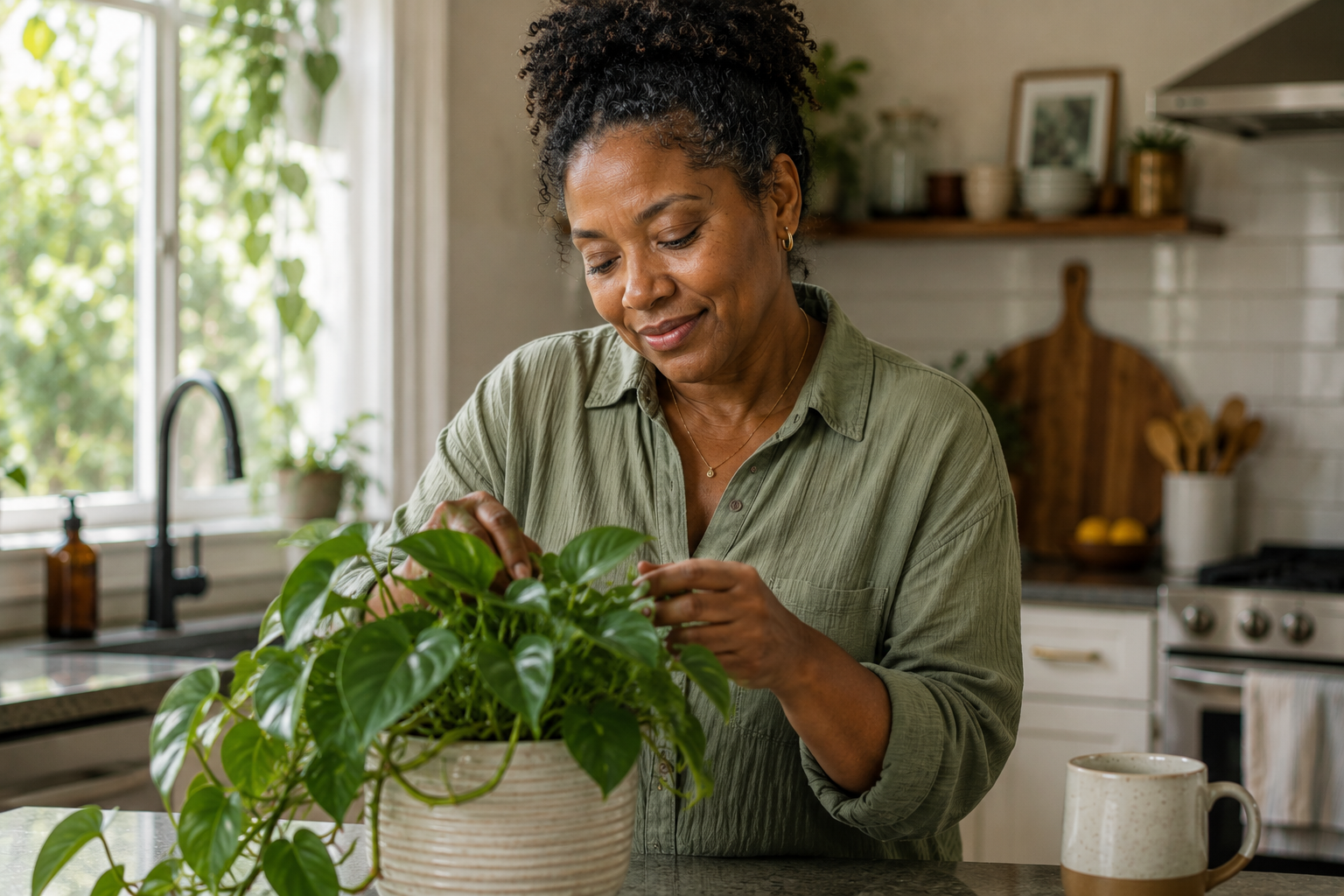 African American woman tending to a houseplant at home as part of a calming routine that can support anxiety treatment.