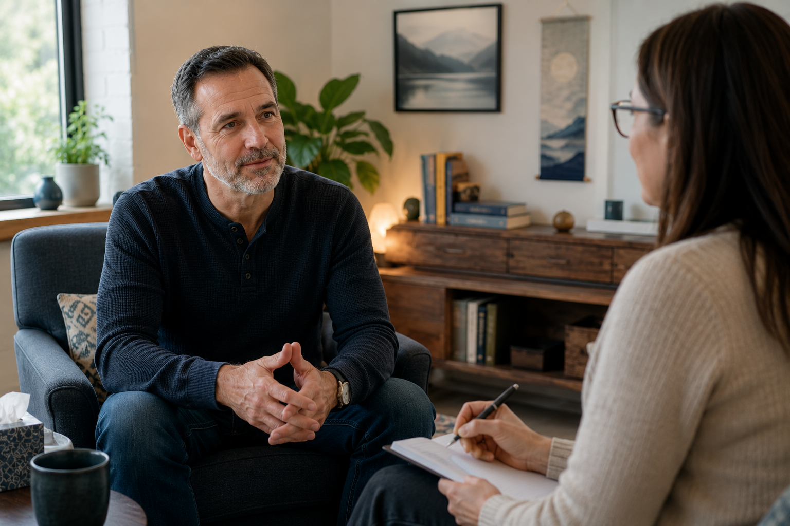 Middle-aged man discussing bipolar treatment with a mental health professional in a comfortable office setting.
