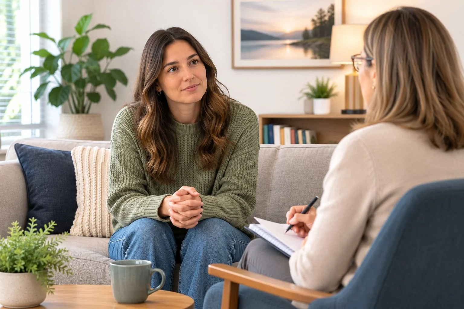 Mental health professional speaking with an adult patient during a supportive counseling session in a calm, comfortable therapy office.