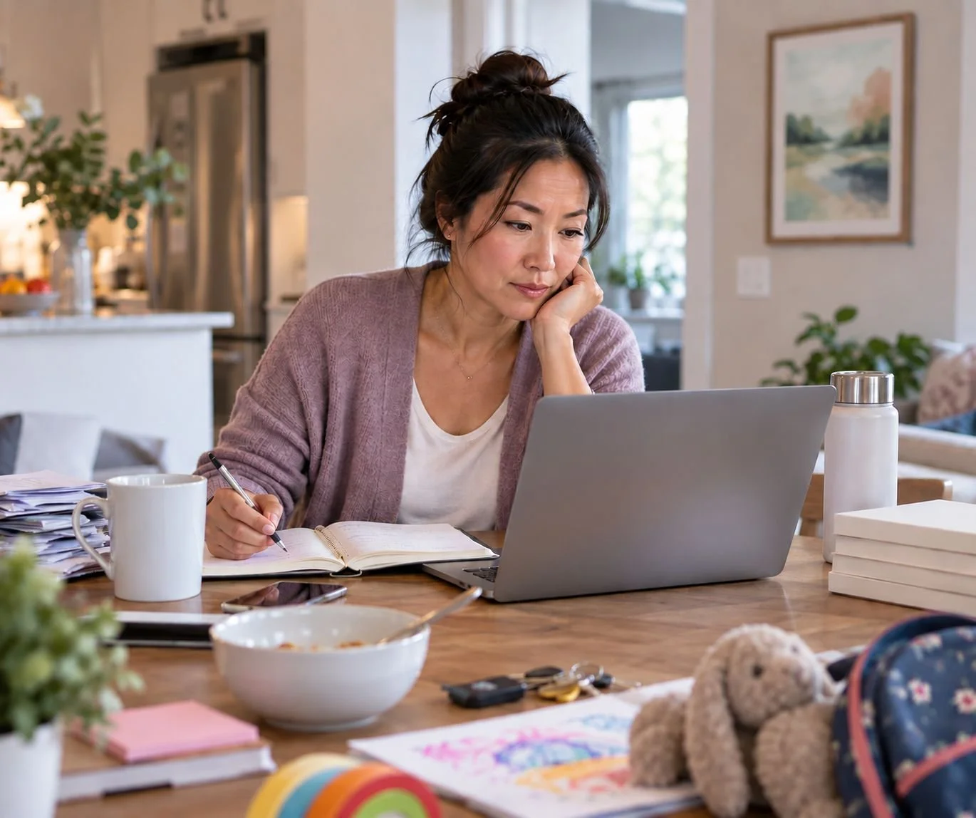 Asian woman balancing work and household responsibilities while experiencing challenges associated with ADHD in women.