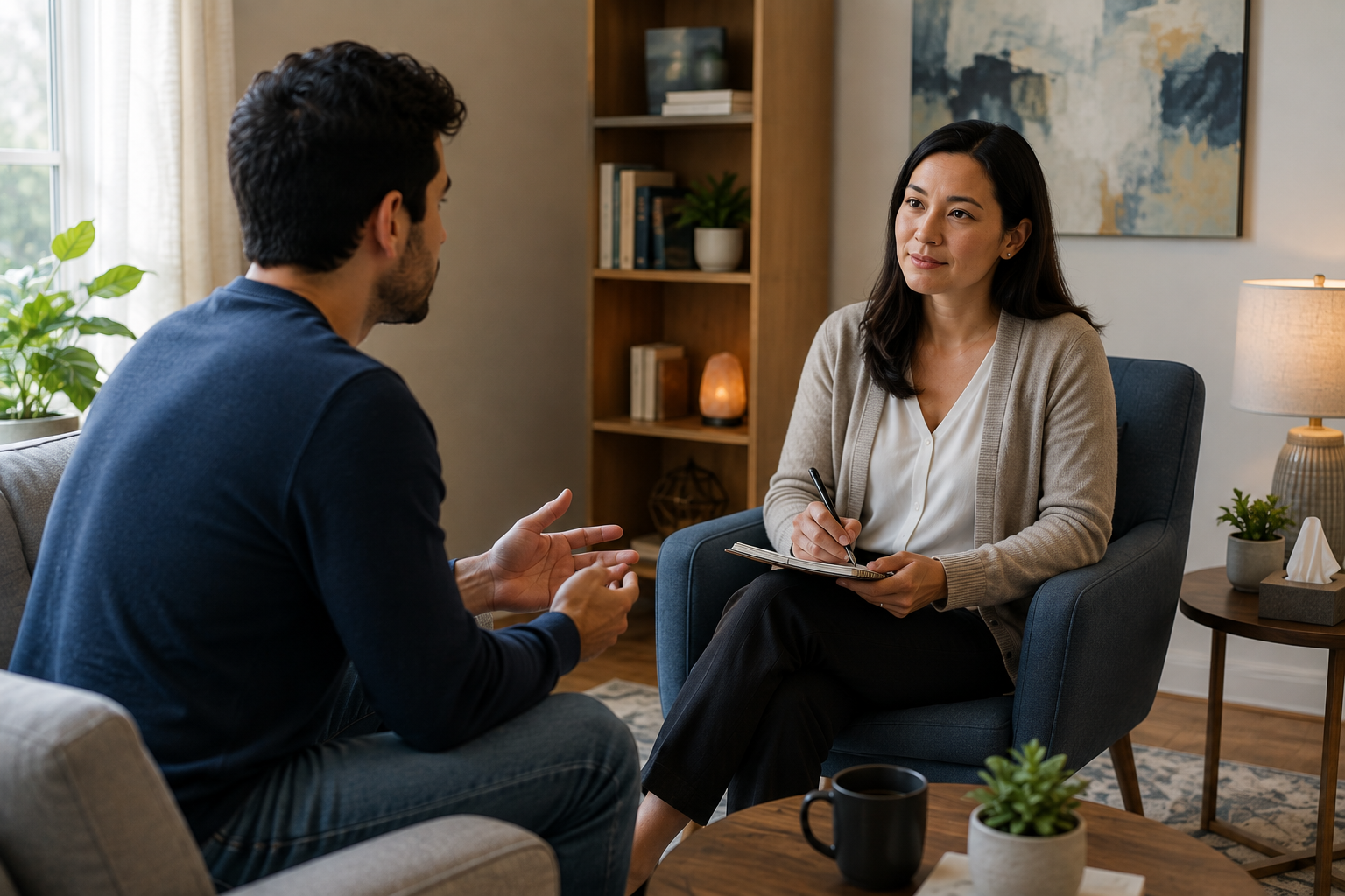 Male client discussing treatment for depression with a female therapist during a mental health counseling session.