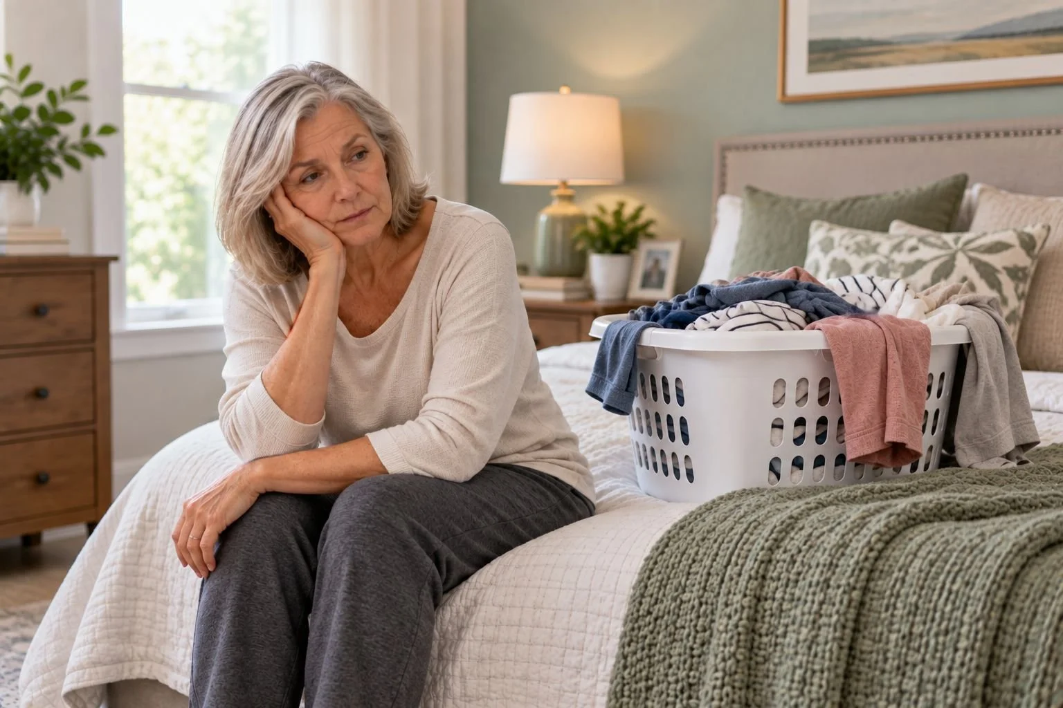 Older woman feeling overwhelmed by everyday tasks while experiencing depression and low motivation.